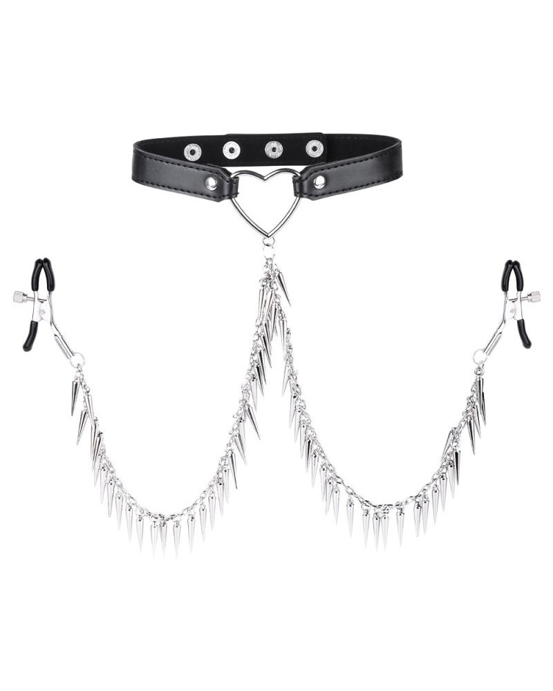 Collier avec Pince-Tétons Spike Heart Noir sextoys et accessoires sur La Boutique du Hard