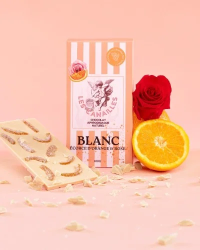 Tablette de Chocolat Aphrodisiaque Blanc Écorces d'orange & Rose 100g sextoys et accessoires sur La Boutique du Hard