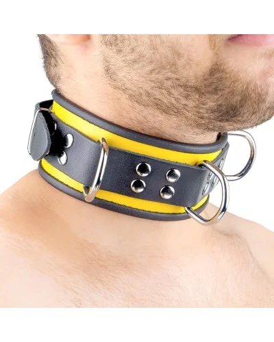 Collier en cuir 3 Anneaux D Noir-Jaune pas cher